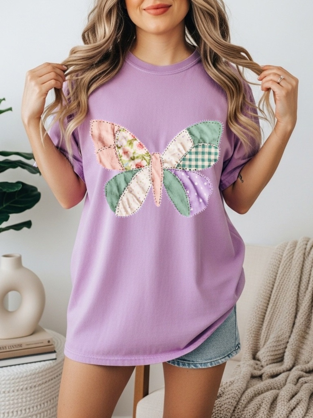 Comfort Colors Lavender Short Sleeve Tee with Pastel Patchwork Butterfly